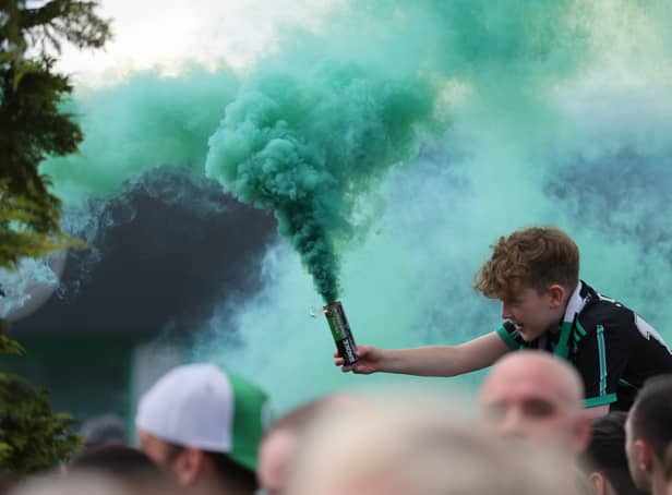<p> Celtic fans with their smoke bombs. (Photo by Steve  Welsh/Getty Images)</p>