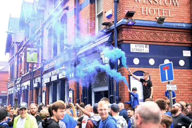 LIVERPOOL, ENGLAND - SEPTEMBER 03: Fans of Everton enjoy the pre match atmosphere prior to the Premier League match between Everton FC and Liverpool FC at Goodison Park on September 03, 2022 in Liverpool, England. (Photo by Laurence Griffiths/Getty Images)