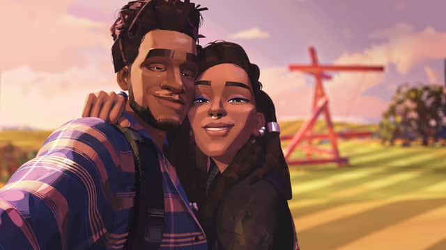 A stylised, animated image of Scott Mescudi as Jabari and Jessica Williams as Meadow, taking a selfie together (Credit: Netflix)