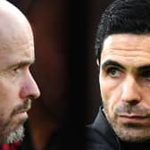 Composite image of Erik ten Hag, Manager of Manchester United (L) and Mikel Arteta, Manager of Arsenal. (Photo by Dan Mullan/Getty Images)