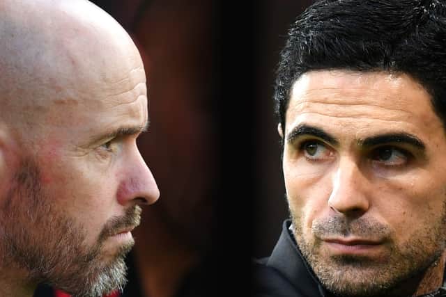 FILE PHOTO (EDITORS NOTE: COMPOSITE OF IMAGES - Image numbers 1418428382, 1196044327 - GRADIENT ADDED) In this composite image a comparison has been made between Erik ten Hag, Manager of Manchester United (L) and Mikel Arteta, Manager of Arsenal. Manchester United and arsenal meet in a Premier League match on September 4,2022 at Old Trafford in Manchester, England.  ***LEFT IMAGE*** SOUTHAMPTON, ENGLAND - AUGUST 27: Erik ten Hag, Manager of Manchester United looks on prior to the Premier League match between Southampton FC and Manchester United at Friends Provident St. Mary's Stadium on August 27, 2022 in Southampton, England. (Photo by Mike Hewitt/Getty Images) ***RIGHT IMAGE*** BOURNEMOUTH, ENGLAND - DECEMBER 26: Mikel Arteta, Manager of Arsenal looks on during the Premier League match between AFC Bournemouth and Arsenal FC at Vitality Stadium on December 26, 2019 in Bournemouth, United Kingdom. (Photo by Dan Mullan/Getty Images)