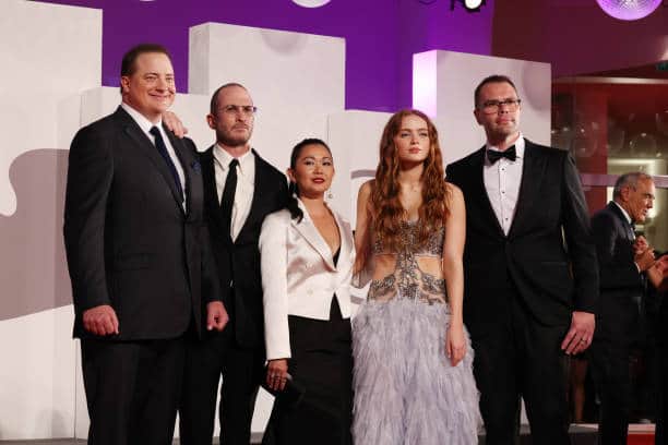 The cast of Aronofsky’s upcoming film The Whale including Sadie Sink and Brendan Fraser at the Venice Film Festival (Pic:Getty)