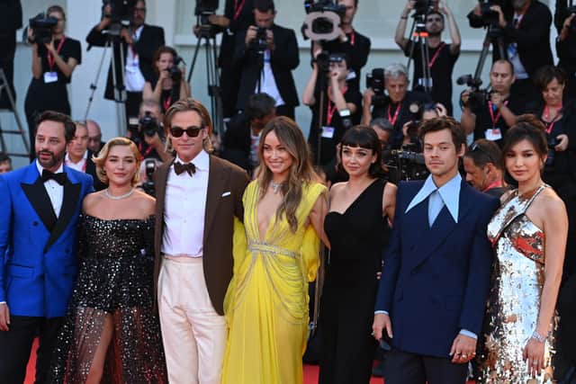 Nick Kroll, Florence Pugh, Chris Pine, Olivia Wilde, Sydney Chandler, Harry Styles and Gemma Chan attend the “Don’t Worry Darling” red carpet at the 79th Venice International Film Festival on September 05, 2022 in Venice, Italy. (Photo by Kate Green/Getty Images)