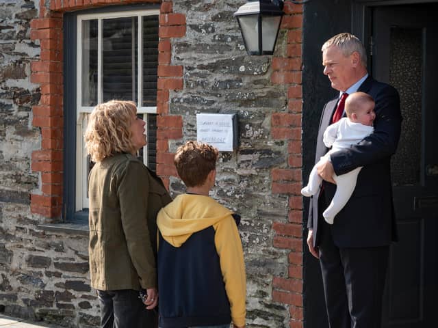 Martin Clunes at Fern Cottage in Port Isaac filming Doc Martin