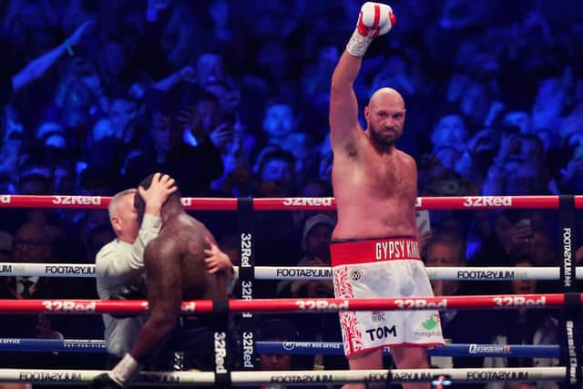 Tyson Fury celebrates victory after beating Dillian Whyte at Wembley Stadium on April 23, 2022. (Photo by Warren Little/Getty Images)