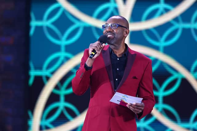Lenny Henry speaks to the audience during the Opening Ceremony of the Birmingham 2022 Commonwealth Games at Alexander Stadium on July 28, 2022 on the Birmingham, England. (Photo by Elsa/Getty Images)