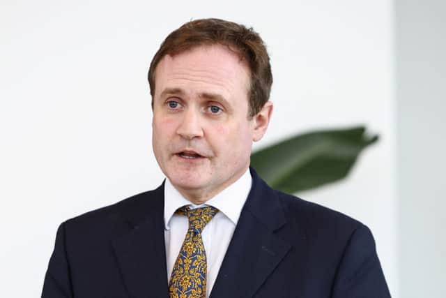 Tom Tugendhat speaks to the media at the Conservative Party leadership campaign event at Biggin Hill Airport on July 30, 2022 in Westerham, England. (Photo by Henry Nicholls - Pool/Getty Images)