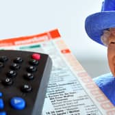 An image of the Queen, wearing blue; in the foreground a stock image of a remote control and a TV listings magazine has been overlaid atop the Queen (Credit: NationalWorld Graphics)