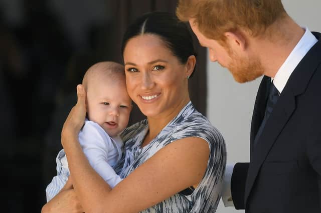 Prince Harry, Duke of Sussex and Meghan, Duchess of Sussex and their baby son Archie Mountbatten-Windsor at a meeting with Archbishop Desmond Tutu at the Desmond & Leah Tutu Legacy Foundation during their royal tour of South Africa on September 25, 2019 in Cape Town, South Africa. (Photo by Toby Melville - Pool/Getty Images)