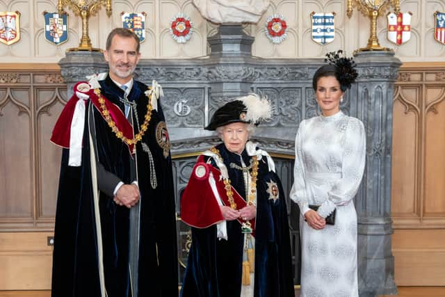 Queen Elizabeth II with King Felipe VI of Spain and Queen Letizia of Spain, after the king was invested as a Supernumerary Knight of the Garter on June 17, 2019. (Photo by Steve Parsons - WPA Pool/Getty Images)