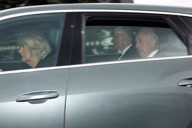 King Charles III and Camilla, Queen Consort leave the Balmoral estate as they return to London following the death of Queen Elizabeth II, on September 9, 2022 in Aberdeen, United Kingdom. Elizabeth Alexandra Mary Windsor was born in Bruton Street, Mayfair, London on 21 April 1926. She married Prince Philip in 1947 and acceded the throne of the United Kingdom and Commonwealth on 6 February 1952 after the death of her Father, King George VI. Queen Elizabeth II died at Balmoral Castle in Scotland on September 8, 2022, and is succeeded by her eldest son, King Charles III. (Photo by Jeff J Mitchell/Getty Images)