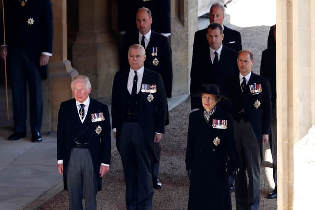 Prince Charles, Prince of Wales, Prince Andrew, Duke of York, Prince William, Duke of Cambridge, Peter Phillips, Prince Edward, Earl of Wessex and Princess Anne, Princess Royal during the funeral of Prince Philip, Duke of Edinburgh at Windsor Castle on April 17, 2021 in Windsor, England. (Photo by Adrian Dennis/WPA Pool/Getty Images)