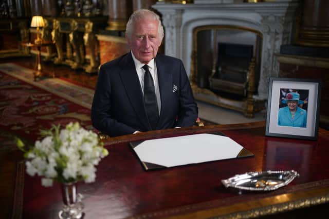 King Charles III delivers his address to the nation and the Commonwealth from Buckingham Palace, London, following the death of Queen Elizabeth II on Thursday. Credit: PA