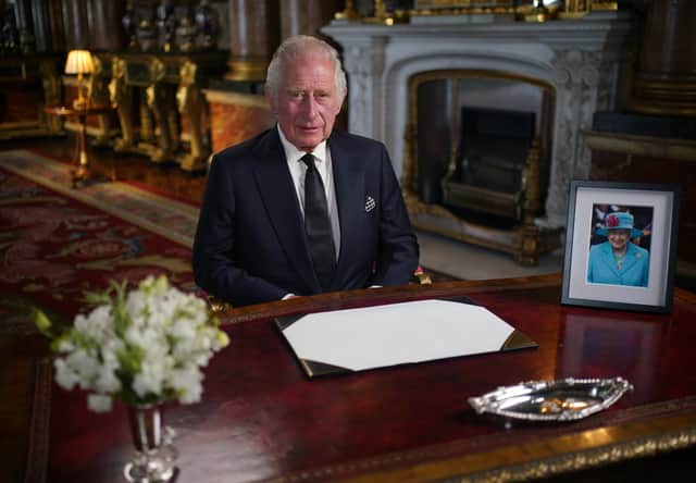 King Charles III delivers his address to the nation and the Commonwealth from Buckingham Palace, London, following the death of Queen Elizabeth II on Thursday. Credit: PA