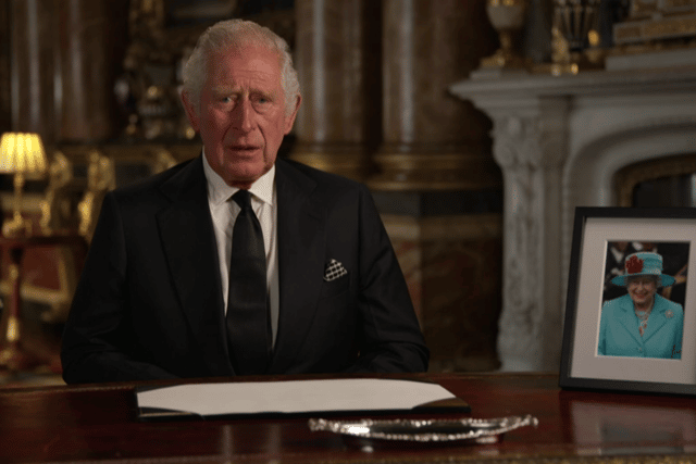 King Charles III made his first televised address as monarch of the United Kingdom, during a remembrance service to his late mother Queen Elizabeth II. (Credit: BBC)