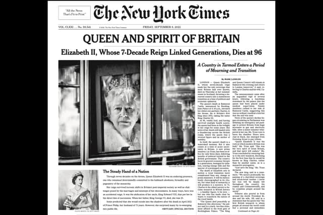 The New York Times led with a black and white tribute to the Queen. (Credit: New York Times/Twitter)