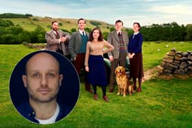 Samuel West as Siegfried Farnon, Nicholas Ralph as James Herriot, Rachel Shenton as Helen Alderson, Callum Woodhouse as Tristan Farnon, and Anna Madeley as Mrs Hall. They're outside, in the Dales on a sunny day, with a car behind them and a dog near their feet. In a circular insert on the bottom left corner is an image of writer Ben Vanstone. (Credit: Helen Williams / Playground Entertainment / Ben Vanstone)