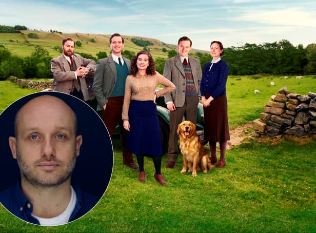 Samuel West as Siegfried Farnon, Nicholas Ralph as James Herriot, Rachel Shenton as Helen Alderson, Callum Woodhouse as Tristan Farnon, and Anna Madeley as Mrs Hall. They're outside, in the Dales on a sunny day, with a car behind them and a dog near their feet. In a circular insert on the bottom left corner is an image of writer Ben Vanstone. (Credit: Helen Williams / Playground Entertainment / Ben Vanstone)
