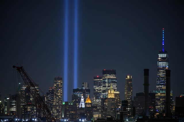 The ‘Tribute in Light’ installation amid the Manhattan city skyline commemorating the 9/11 terrorist attacks, in New York on September 10, 2022 (AFP via Getty Images)