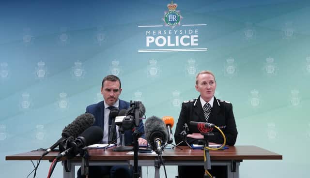 DCS Mark Kameen and Chief Constable Serena Kennedy from Merseyside Police speak to the media at force headquarters in Rose Hill