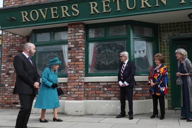 Queen Elizabeth II on the set of Coronation Street, 2021.