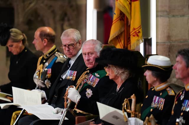 The Countess of Wessex, the Earl of Wessex, the Duke of York, King Charles III, the Queen Consort, the Princess Royal and Vice Admiral Sir Tim Laurence during a Service of Prayer and Reflection for the Life of Queen Elizabeth II at St Giles' Cathedral, Edinburgh. 