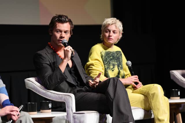 Harry Styles and Emma Corrin speak onstage at the "My Policeman" Press Conference during the 2022 Toronto International Film Festival at TIFF Bell Lightbox on September 11, 2022 in Toronto, Ontario. (Photo by Matt Winkelmeyer/Getty Images)