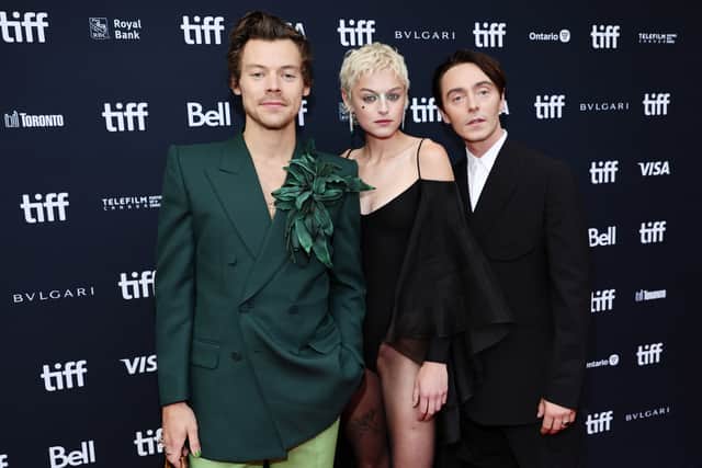 Harry Styles, Emma Corrin and David Dawson attend the "My Policeman" Premiere during the 2022 Toronto International Film Festival at Princess of Wales Theatre on September 11, 2022 in Toronto, Ontario. (Photo by Matt Winkelmeyer/Getty Images)