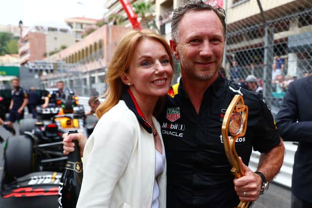  Christian and Geri Horner celebrate the win of Sergio Perez of Mexico and Oracle Red Bull Racing after the F1 Grand Prix of Monaco at Circuit de Monaco on May 29, 2022. (Photo by Mark Thompson/Getty Images)