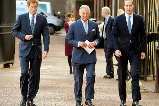 (L-R) Prince Harry, Prince Charles, Prince of Wales and Prince William, Duke of Cambridge arrive at the Illegal Wildlife Trade Conference at Lancaster House on February 13, 2014 in London, England (Photo by John Stillwell - WPA Pool/Getty images)