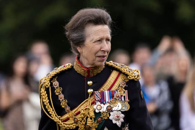 Princess Anne, Princess Royal inspects troops in Hyde Park after an 82 Gun Salute on June 02, 2022 in London, England (Photo by Dan Kitwood/Getty Images)
