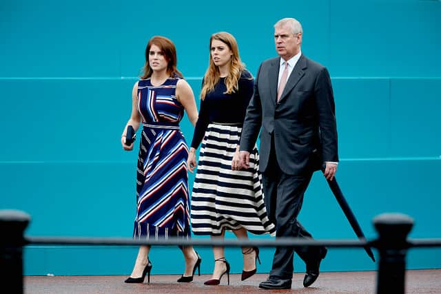 Princess Eugenie of York, Princess Beatrice of York and Prince Andrew, Duke of York walk about during “The Patron’s Lunch” celebrations for The Queen’s 90th birthday at  on June 12, 2016 in London, England (Photo by Alan Crowhurst/Getty Images for The Patron’s Lunch)