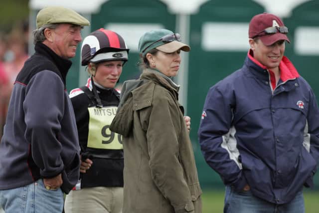 (L-R) Mark Phillips, Zara Phillips, Princess Anne and Peter Phillips chat following the cross country during the Badminton Horse Trials on May 3 2008 in Badminton, England (Photo by Matt Cardy/Getty Images)