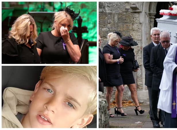 <p>Archie Battersbee’s family and hundreds of mourners attended his funeral (Images: PA)</p>