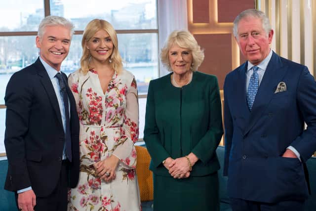 Holly Willoughby poses for a photo with Camilla and Charles after filming for ITV’s “This Morning” in 2018 (Photo by Geoff Pugh - WPA Pool/Getty Images)