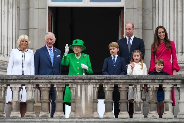 The Royal Family stand on the balcony during the Platinum Pageant, during The Platinum Jubilee of Queen Elizabeth II - June 05, 2022 in London, England
