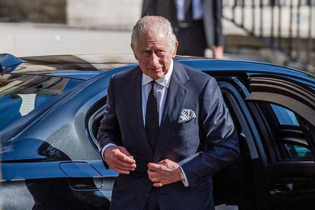 King Charles III departs St Anne’s Cathedral after attending a service of reflection in memory of Queen Elizabeth II on September 13, 2022 in Belfast, Northern Ireland (Photo by Carrie Davenport/Getty Images)