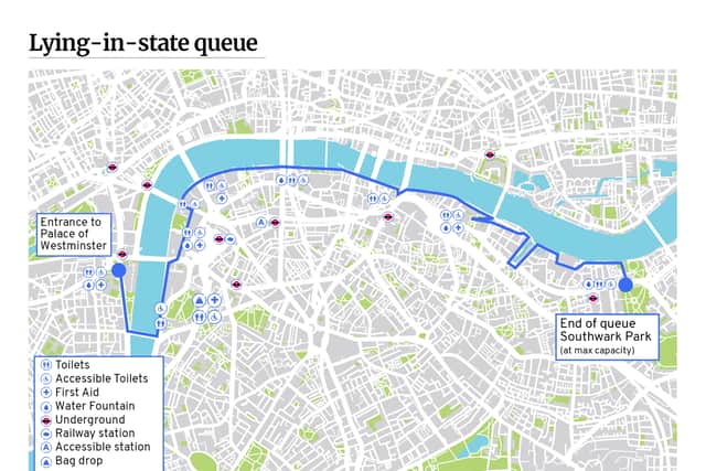 Public toilet locations are highlighted along the route map and there will be more than 500 Portaloos along the way (Graphic: Kim Mogg / NationalWorld)