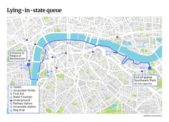 Public toilet locations are highlighted along the route map and there will be more than 500 Portaloos along the way (Graphic: Kim Mogg / NationalWorld)