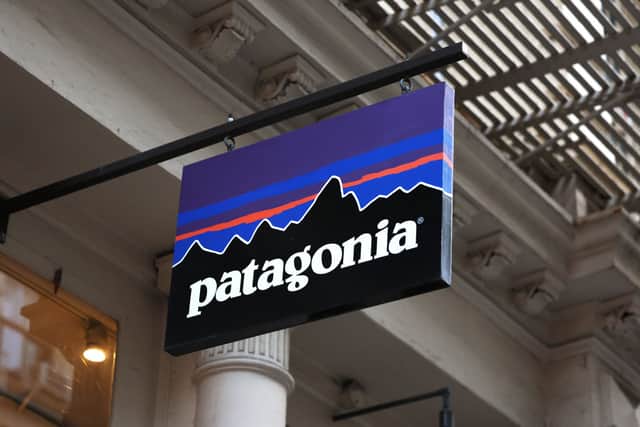 A Patagonia store signage is seen on Greene Street on September 14, 2022 in New York City.  (Photo by Michael M. Santiago/Getty Images)