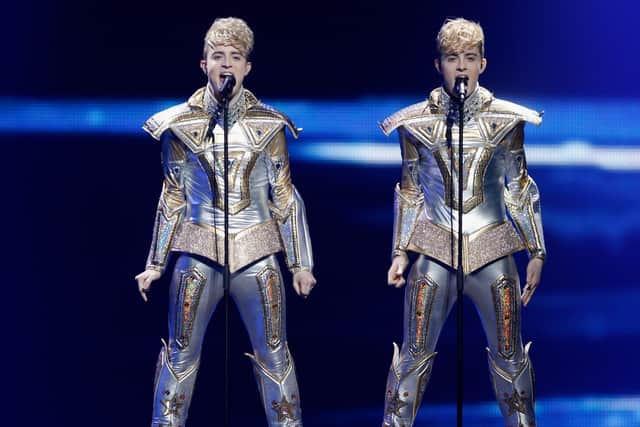 Singer Duo Jedward of Ireland performs during the grand final of the Eurovision Song Contest 2012