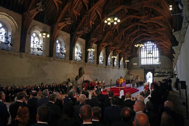 The coffin carrying Queen Elizabeth II is laid to rest in Westminster Hall for the Lying-in State (Photo: Dan Kitwood/Getty Images)