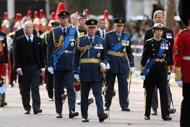 David Armstrong-Jones, 2nd Earl of Snowdon, Prince William, Prince of Wales, King Charles III, Prince Richard, Duke of Gloucester, Anne, Princess Royal and Prince Harry, Duke of Sussex walk behind the coffin during the procession for the Lying-in State of Queen Elizabeth II on September 14, 2022. (Photo by Shaun Botterill/Getty Images)