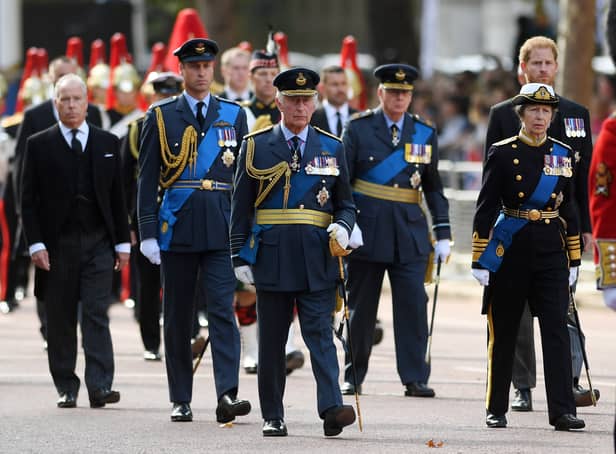 <p>David Armstrong-Jones, 2nd Earl of Snowdon, Prince William, Prince of Wales, King Charles III, Prince Richard, Duke of Gloucester, Anne, Princess Royal and Prince Harry, Duke of Sussex walk behind the coffin during the procession for the Lying-in State of Queen Elizabeth II on September 14, 2022. (Photo by Shaun Botterill/Getty Images)</p>