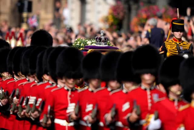 The Imperial State Crown rests on the coffin of Queen Elizabeth II during the procession from Buckingham Palace to Westminster Hall (Pic: Getty Images)