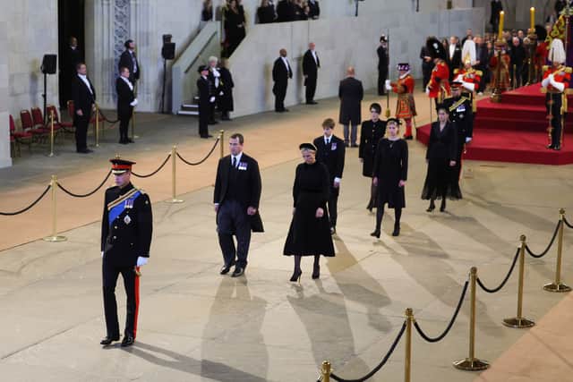 Queen Elizabeth II's grandchildren the Prince of Wales, Peter Phillips, Zara Tindall, James, Viscount Severn, Lady Louise Windsor, Princess Eugenie, Princess Beatrice and the Duke of Sussex depart after holding a vigil beside the coffin of their grandmother as it lies in state on the catafalque in Westminster Hall, at the Palace of Westminster, London. Picture date: Saturday September 17, 2022.