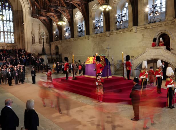 Yeomen of the Guard and Scots Guards, change guard duties around the coffin of Queen Elizabeth II, Lying in State inside Westminster Hall (Pic: POOL/AFP via Getty Images)