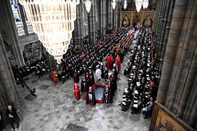 A general view inside Westminster Abbey ahead of The State Funeral Of Queen Elizabeth II on September 19, 2022 (POOL/AFP via Getty Images)