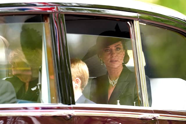 Catherine, Princess of Wales in the Ceremonial Procession, after the State Funeral of Queen Elizabeth II  - wearing the Queen’s pearl choker and earrings. (Photo by Mike Egerton - WPA Pool/Getty Images)