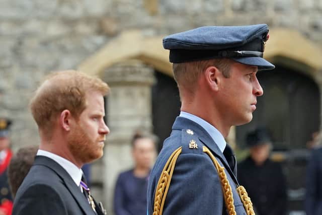 Prince Harry, The Duke of Sussex and Prince William, Prince of Wales follow the State Hearse carrying the coffin of Queen Elizabeth II. (Photo by Kirsty O'Connor - WPA Pool/Getty Images)
